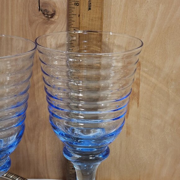 4 Libbey Sirrus Blue Wine Glasses 7" water Goblets vintage horizontal rings - Picture 6 of 7